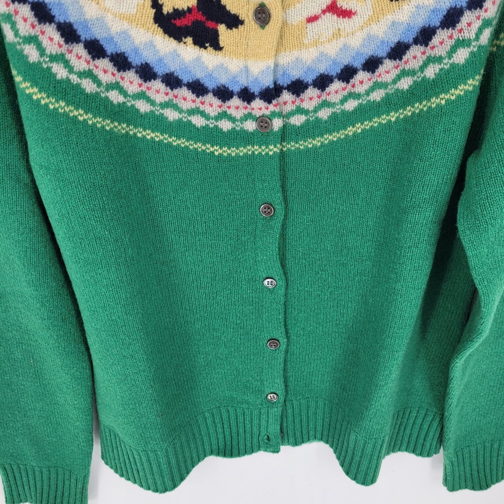 L.L. Bean Scottie Dog Fair Isle Cardigan Women XS Green lambs Wool Sweater vtg - Picture 3 of 7